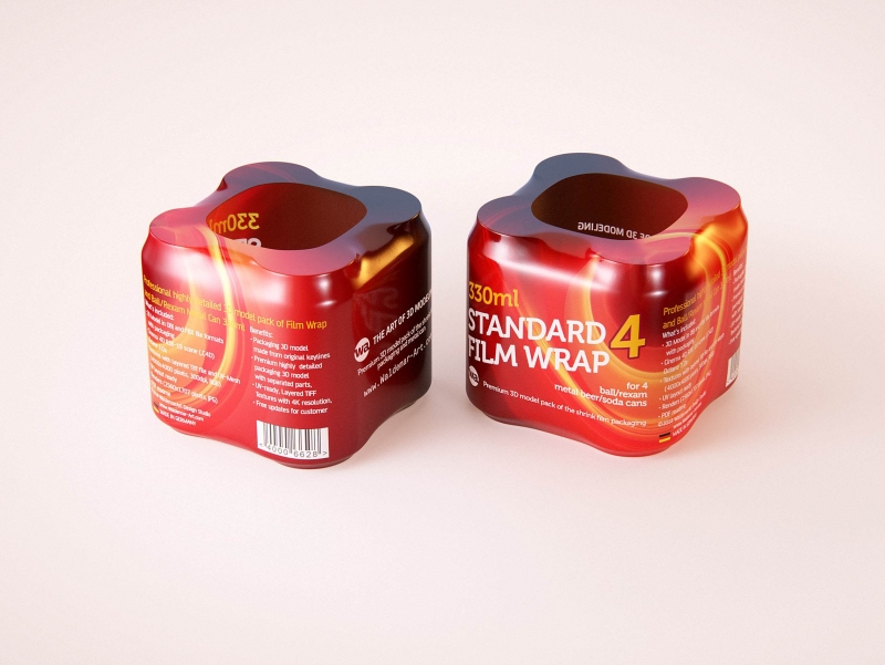 4 (four) shrink wrap packaging of 330ml standard soda can 3D model pack