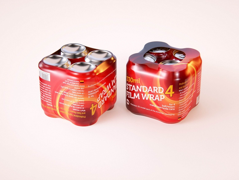 4 (four) shrink wrap packaging of 330ml standard soda can 3D model pack