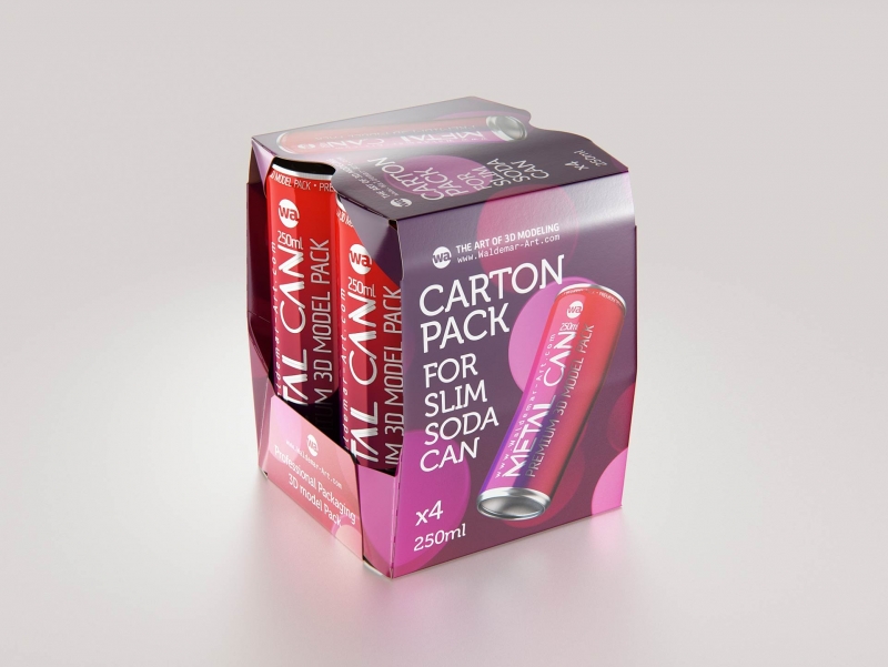Carton pack for x4 (four) Slim Soda can 250ml packaging 3d model