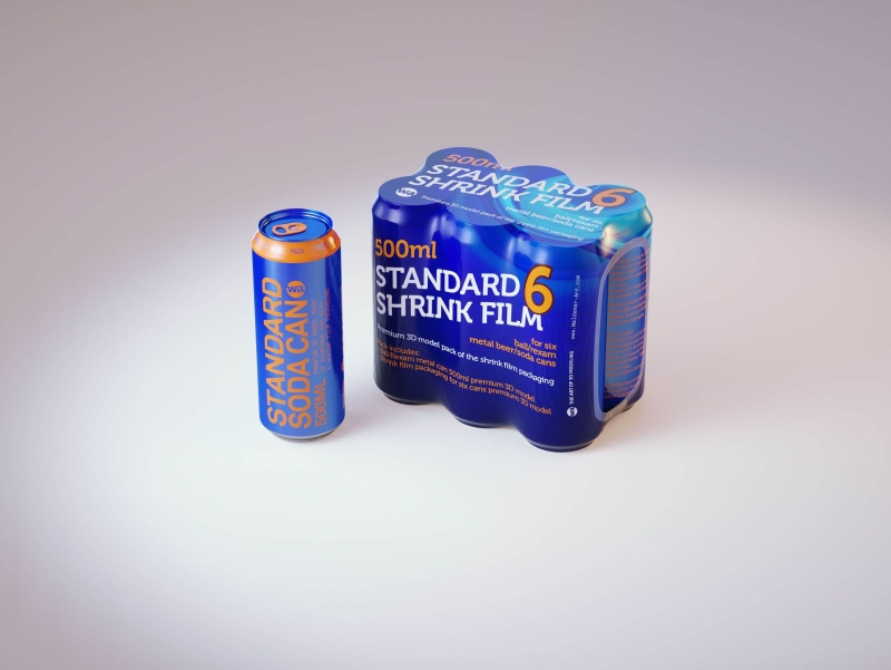 Six Shrink Film with Soda Can 500ml premium 3d packaging model pack