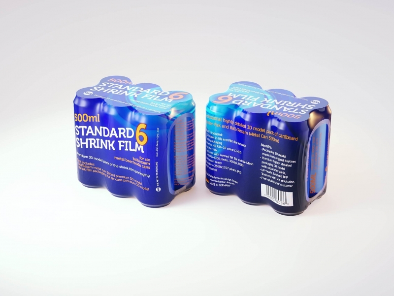 Six Shrink Film with Soda Can 500ml premium 3d packaging model pack