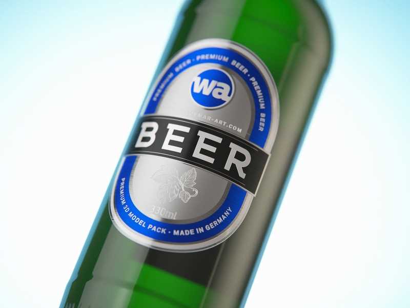 3D model of the Beer Green glass bottle 330ml with Crown cork, foil and label