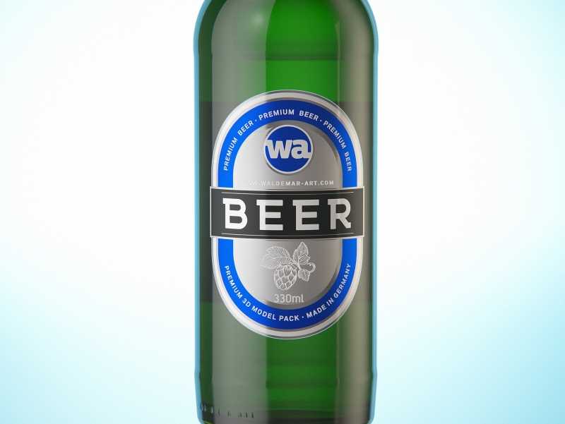3D model of the Beer Green glass bottle 330ml with Crown cork, foil and label