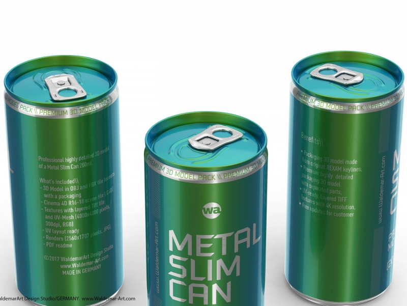 3D packaging model of (Rexam) Metal Slim Can 200ml