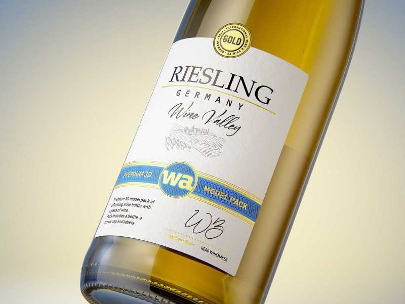 3D model of a wine bottle 750ml for Riesling wine with screw cap and a glass of wine