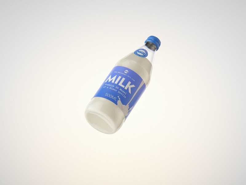 Vanilla Milk Glass bottle 500ml packaging 3D model with a screw cap and a glass of milk