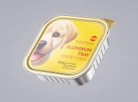 Premium packaging 3D model of a 100g aluminum tray of pet food.